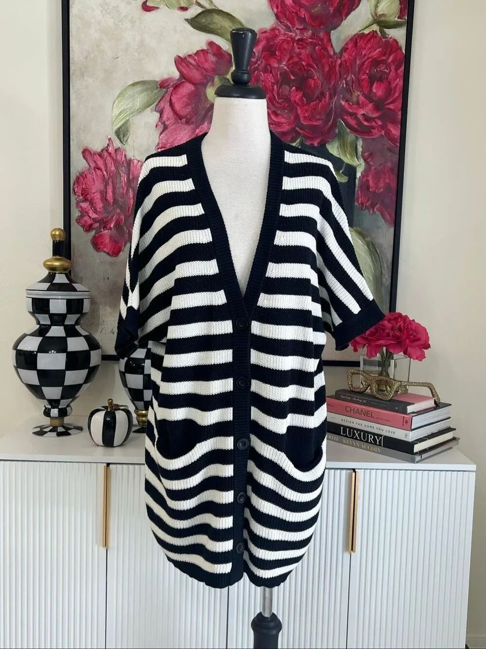 CAbi Women's Striped Button-Up The Whistle Cardigan Sweater Black White Small